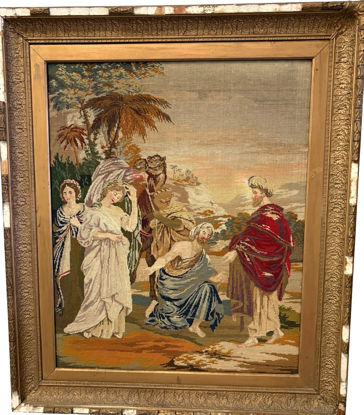 Impressive Large 19th Century Needlepoint Tapestry Biblical Religious scene Gilt Frame