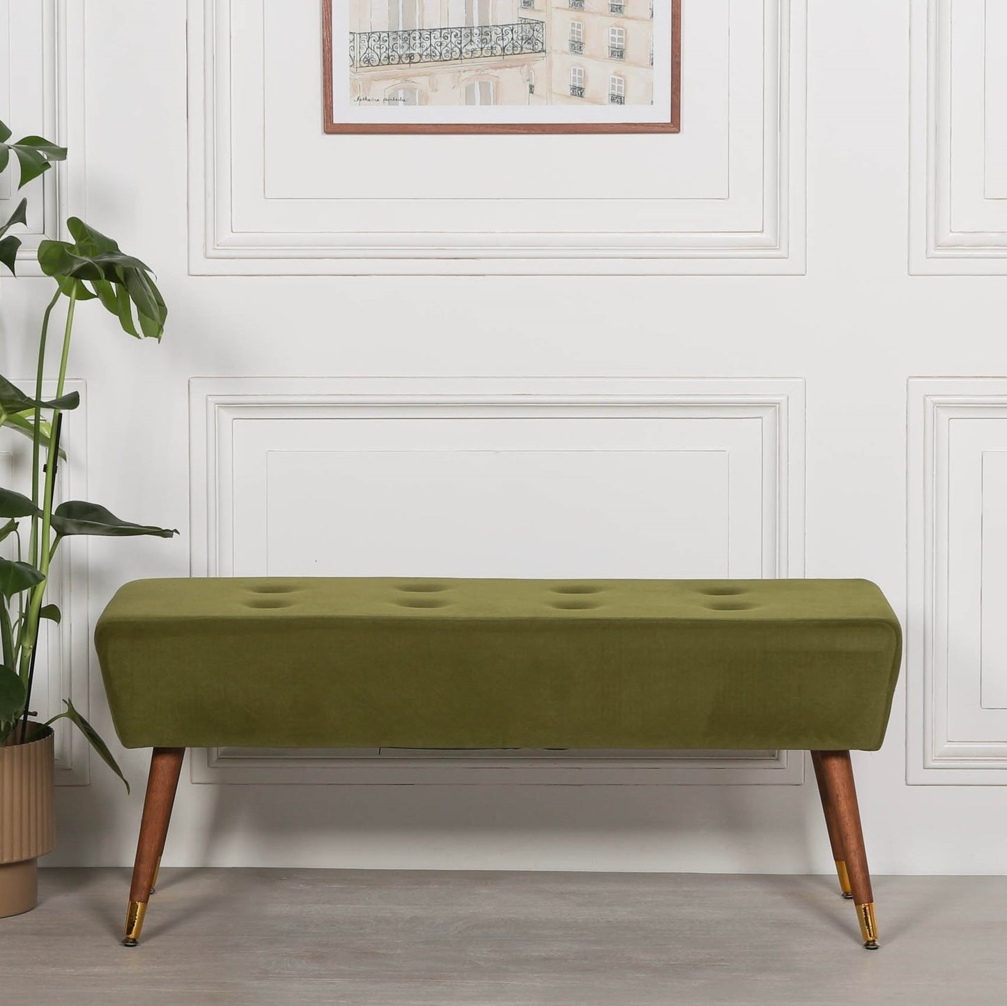 Olive Green Retro Mid Century Style Buttoned Stool Bench Seat