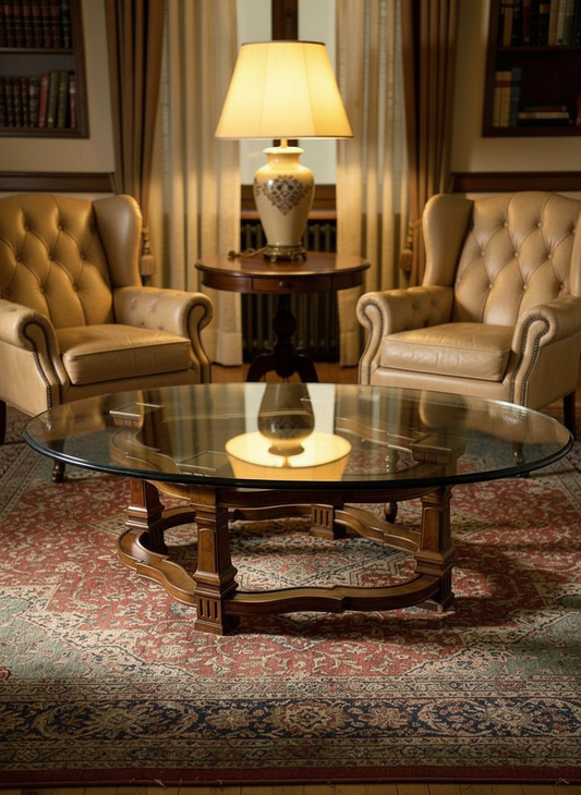 Vintage American Drexel coffee table thick glass top oak stand