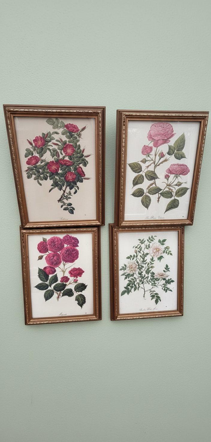 A set of four Vintage floral botanical prints in gold frames and glazed￼