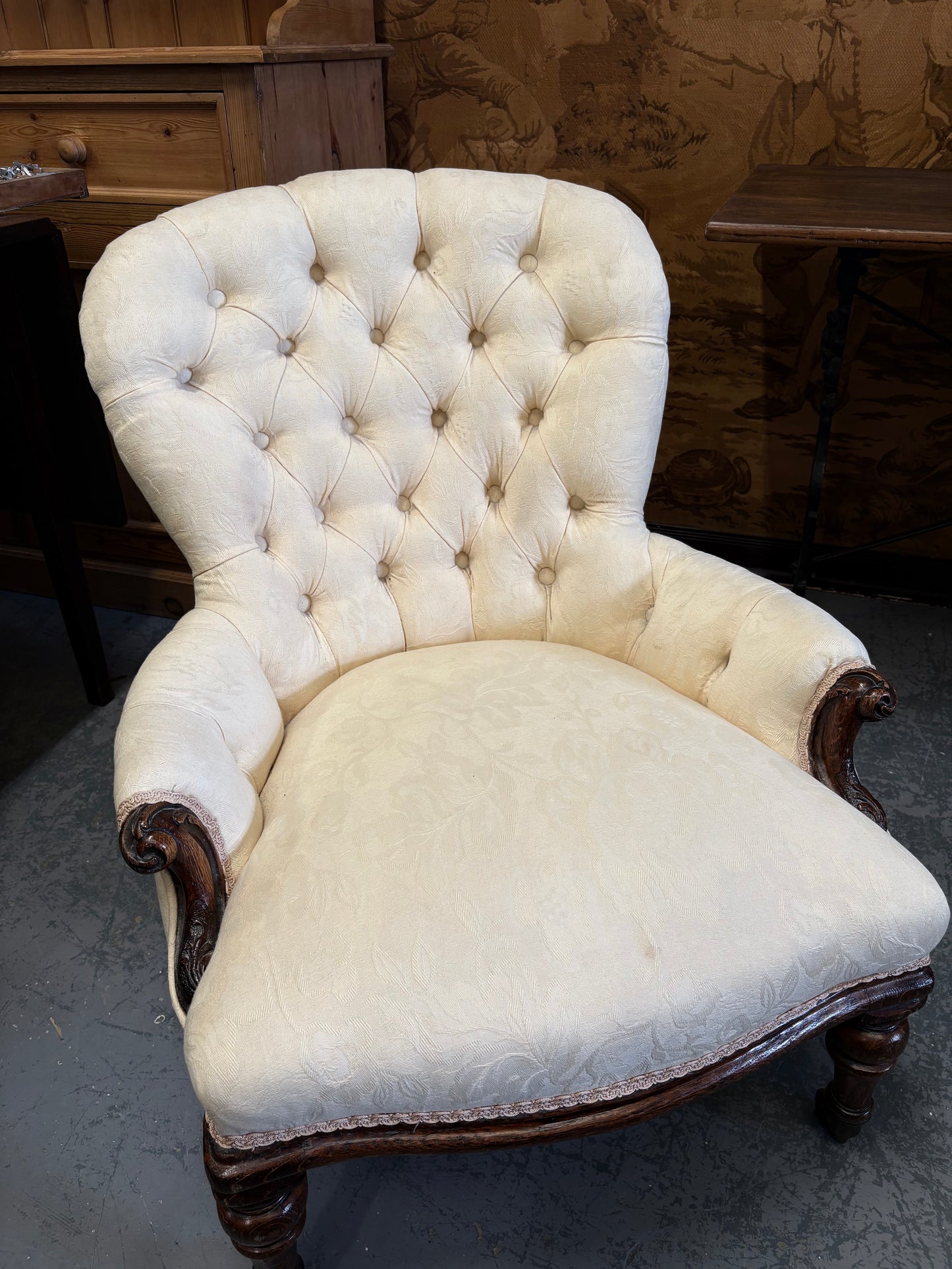 An Cream upholstered & carved Victorian mahogany Low Bedroom Chair