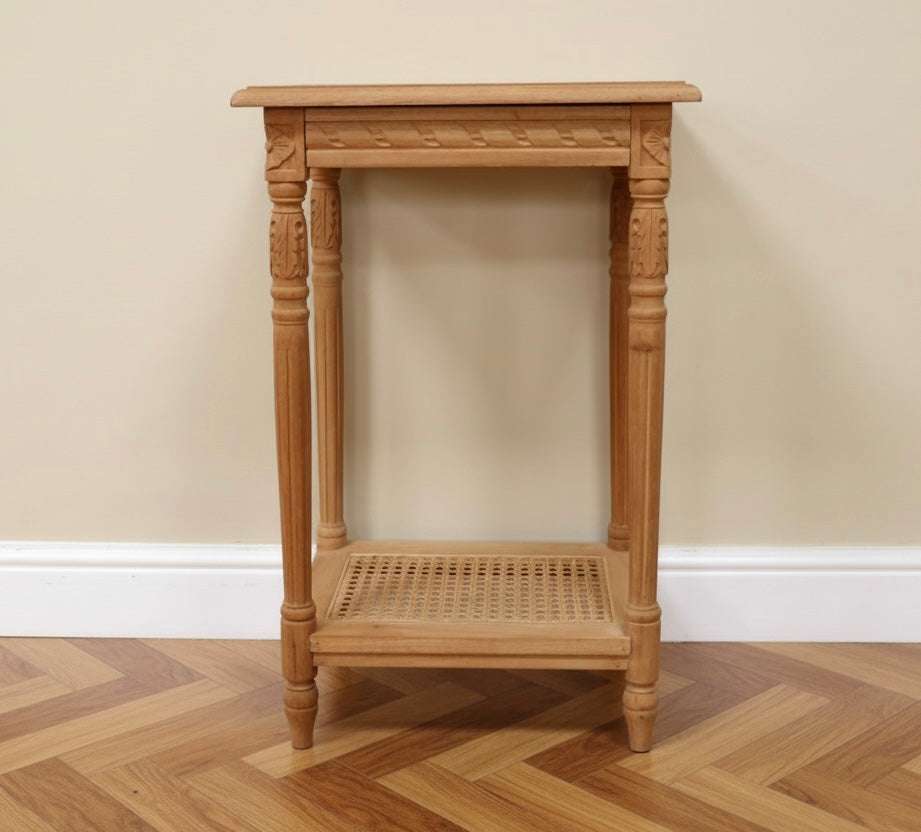 Carved Teak wooden side table with rattan undershelf waxed natural look