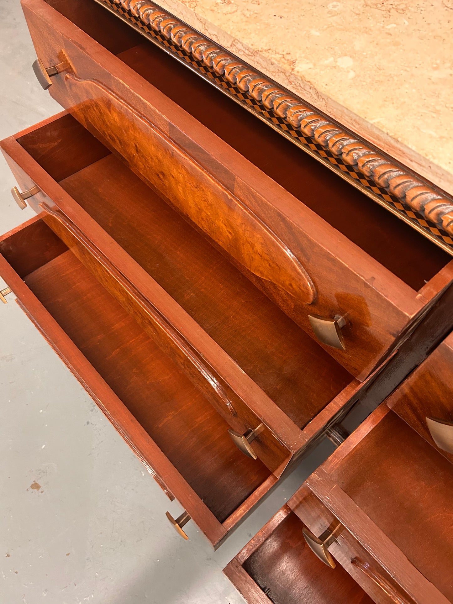 Vintage French marble topped sideboard with six drawers