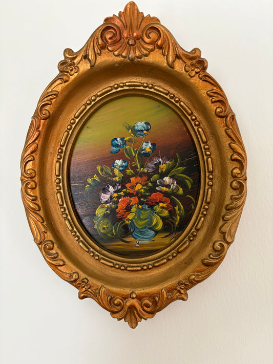 Miniature vintage guilt framed floral oil painting