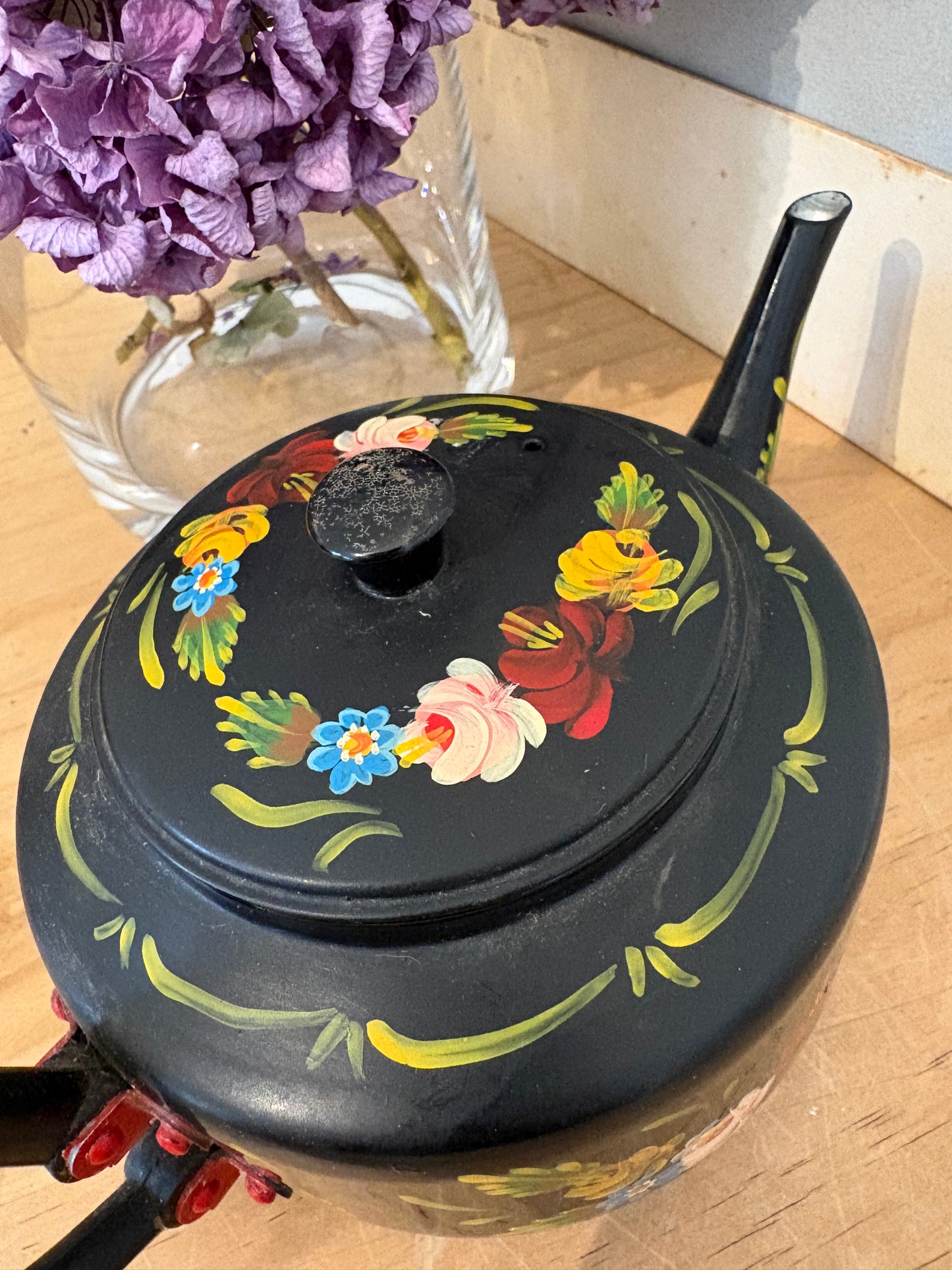 Vintage hand painted metal teapot folky colourful bargeware look