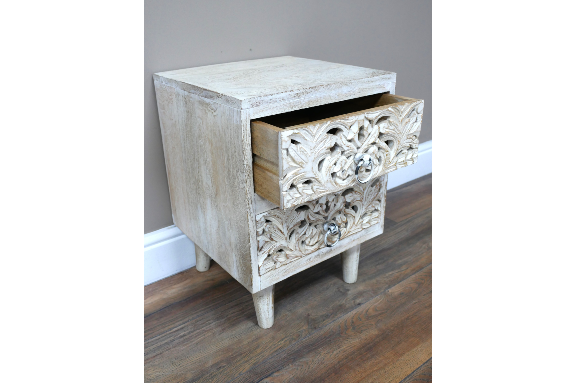Bohemian Carved white Wooden Bedside Table Drawers storage