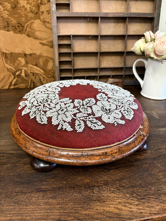 Antique Circular Walnut Beaded Footstool on bun feet