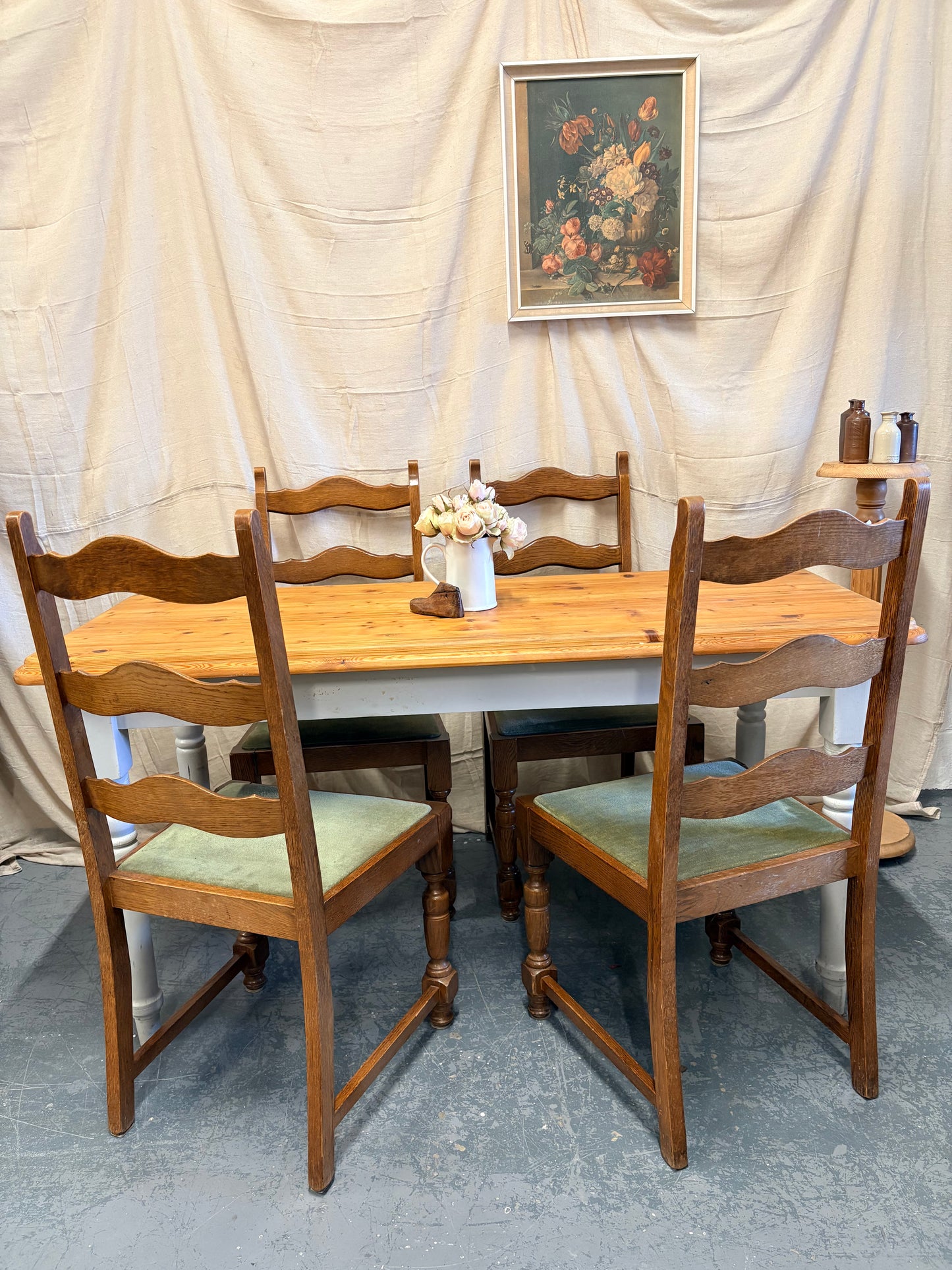 Vintage Victorian style part painted pine farmhouse kitchen dining table