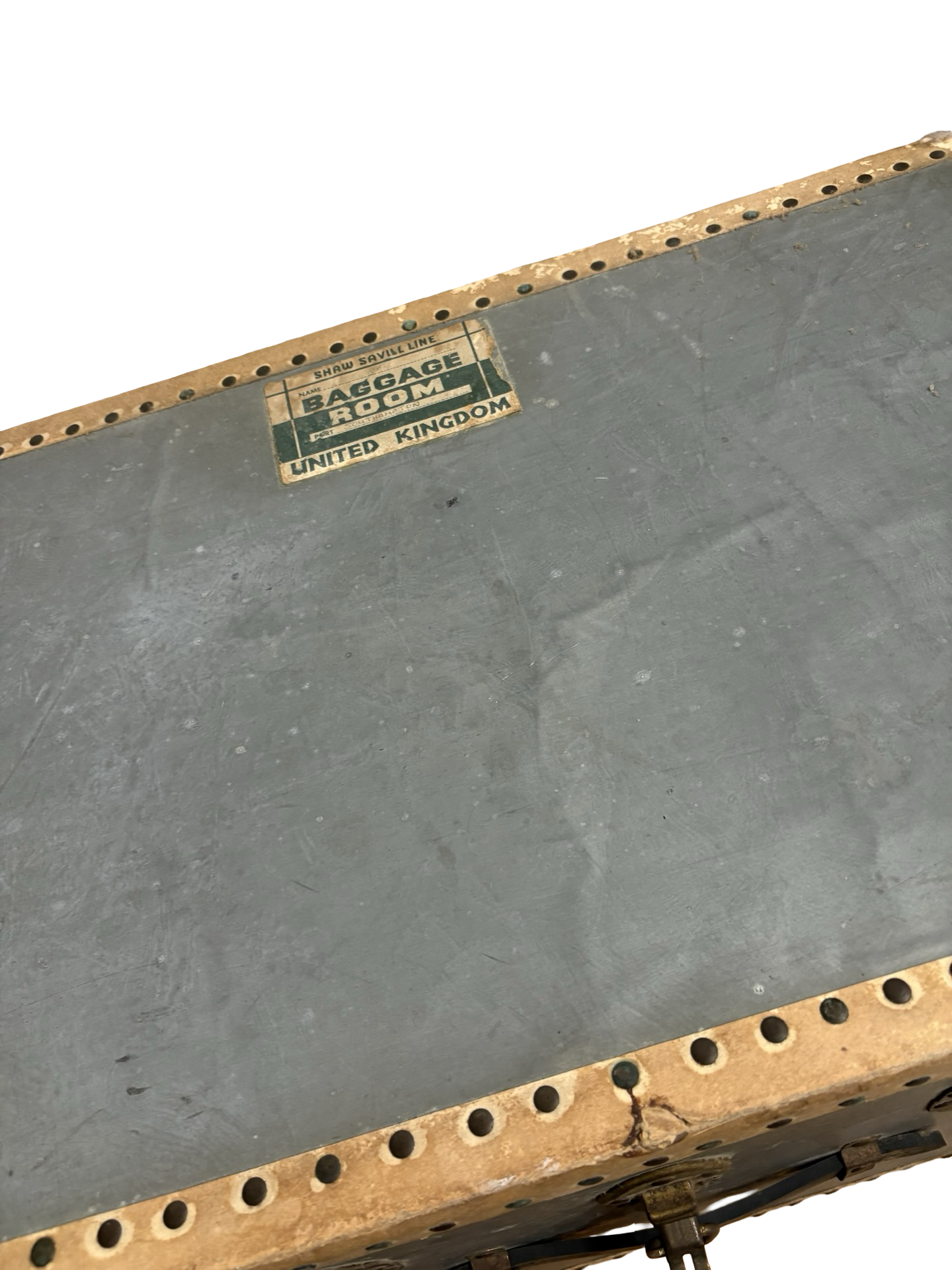 Vintage travel trunk with old labels fab coffee table / storage clean inside