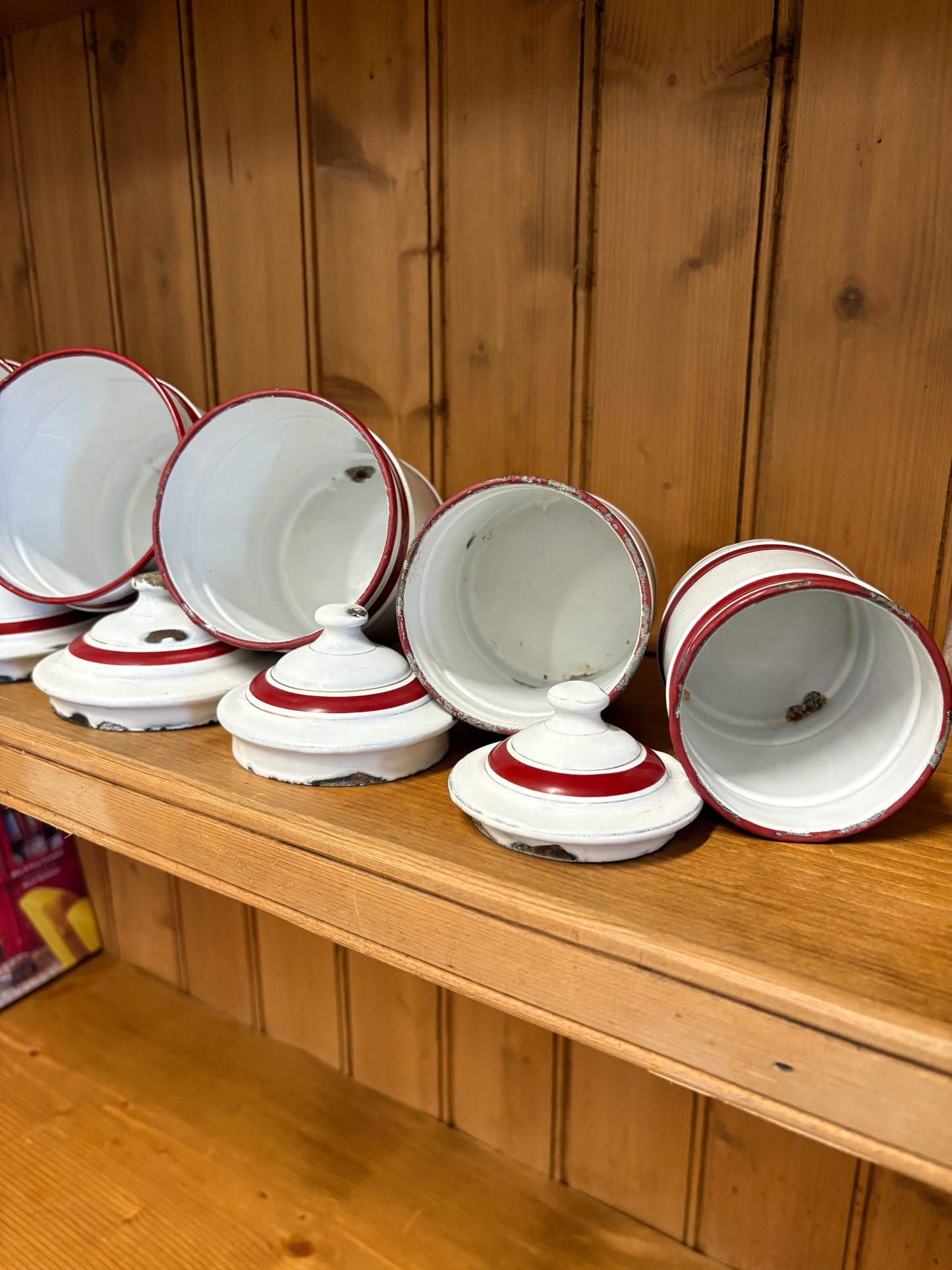 Set of six French Vintage storage canisters, red and white enamel ￼