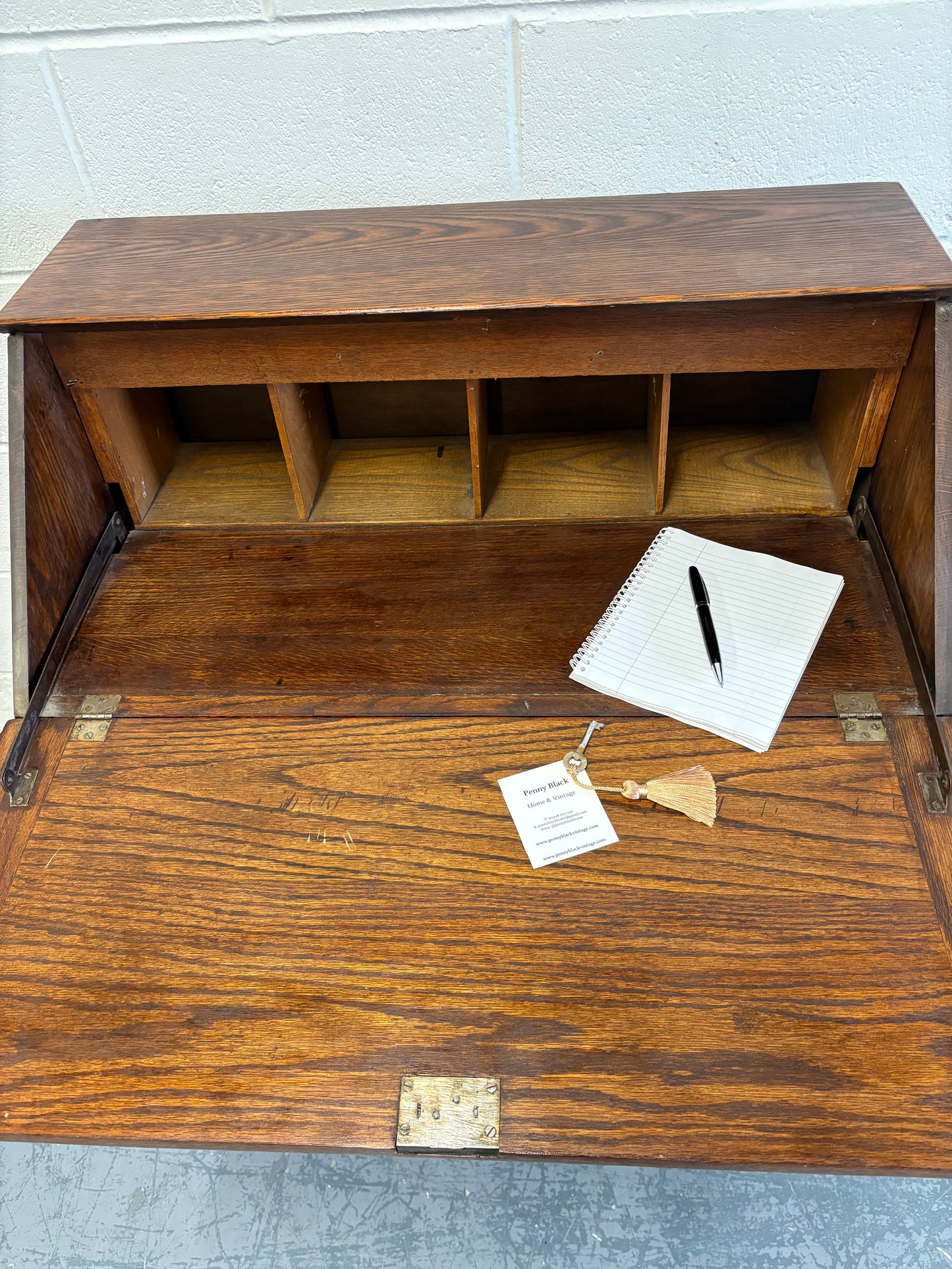 Early 20th Century Vintage Fold down Oak bureau writing desk drawers & key