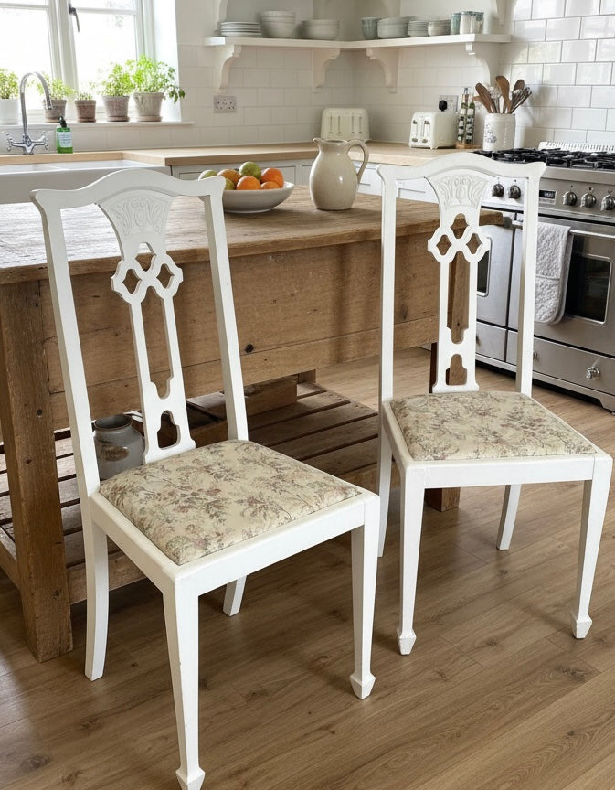 Pair of white fabric covered carved Edwardian occasional or bedroom chairs