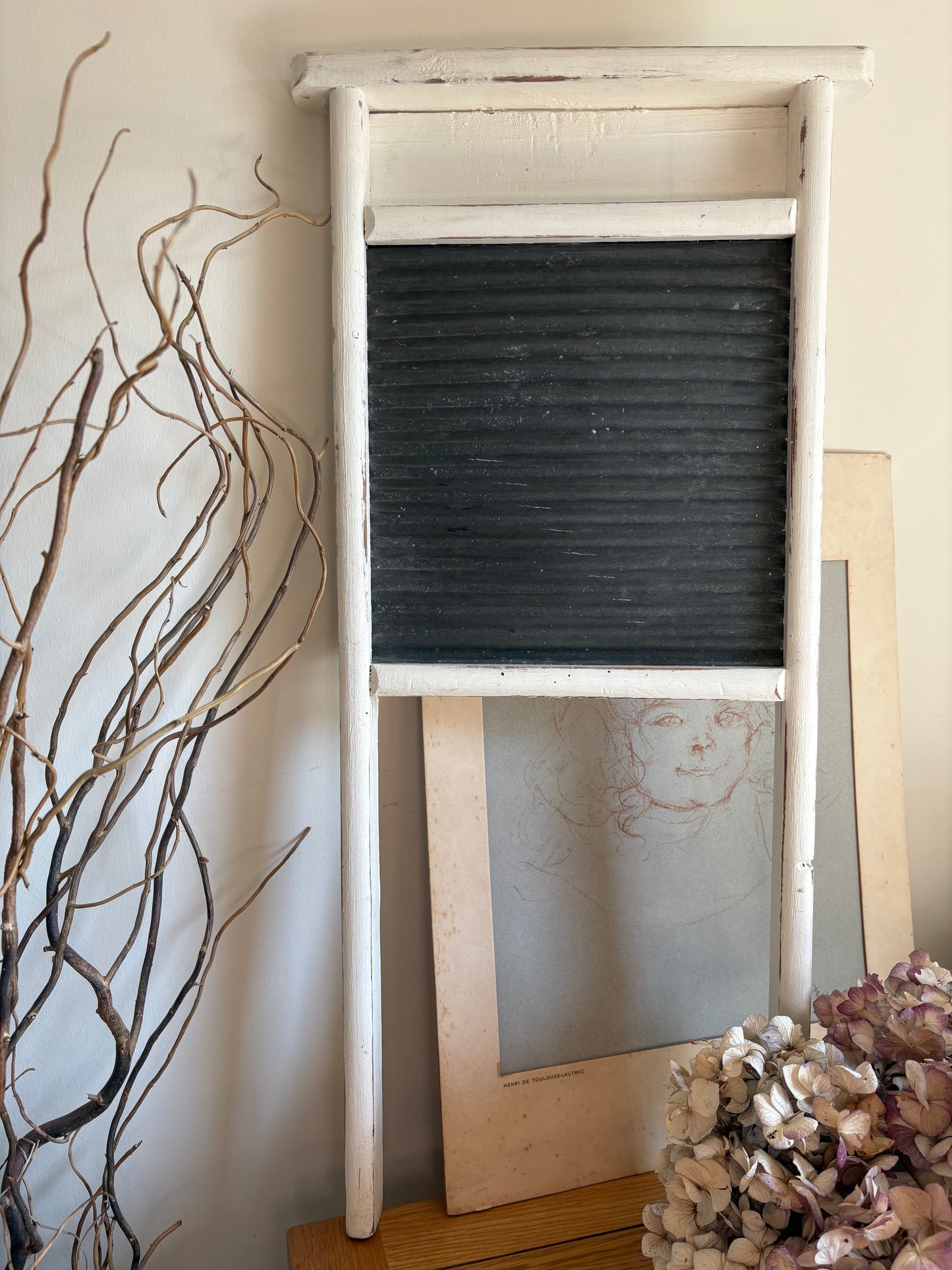 Vintage White Wooden and Metal Washboard
