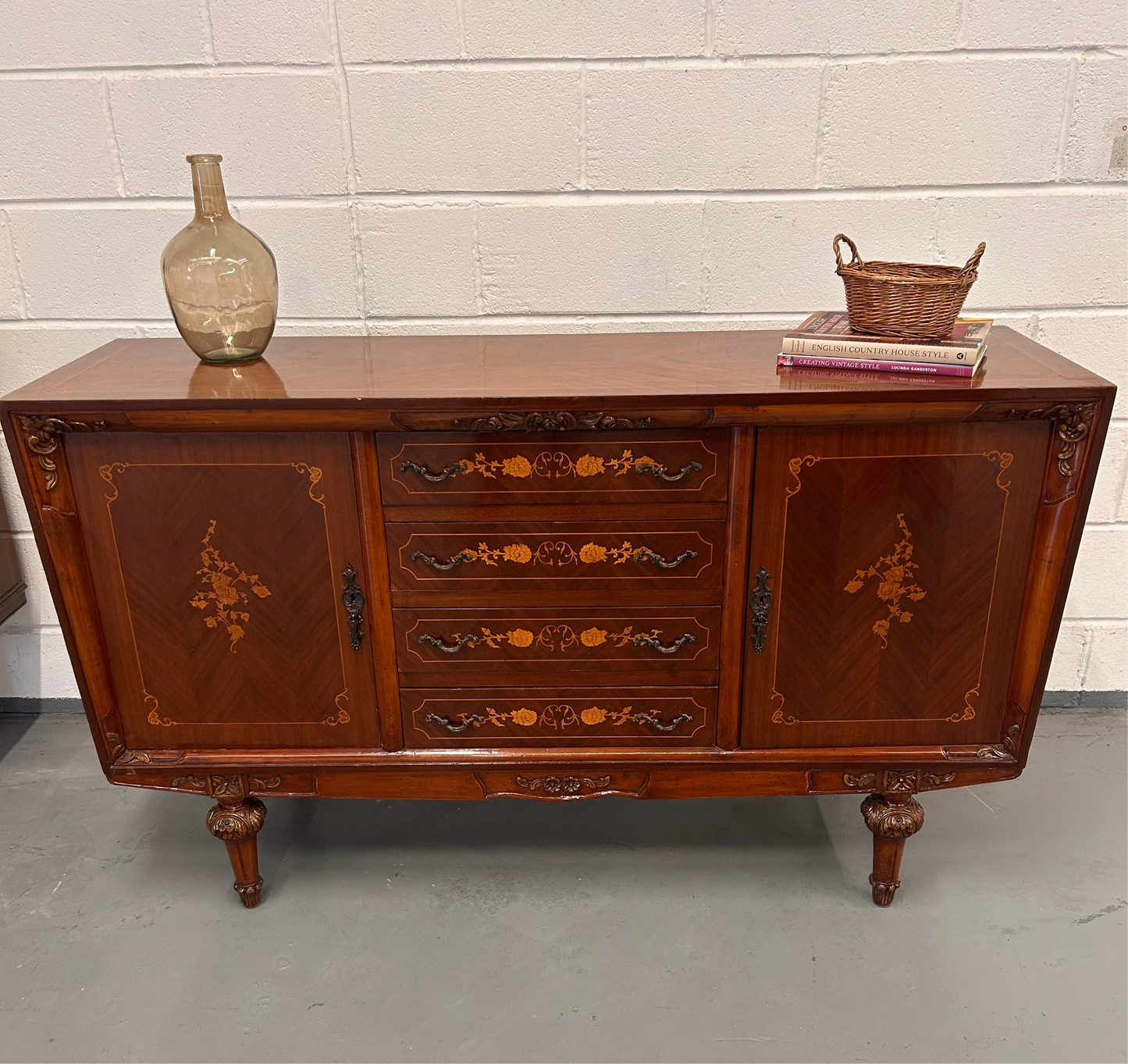 A Vintage French Inlaid sideboard with 4 drawers and 2 cupboards