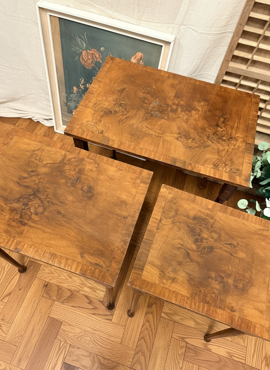 Nest of Antique Burr Walnut Coffee / lamp side / living room tables