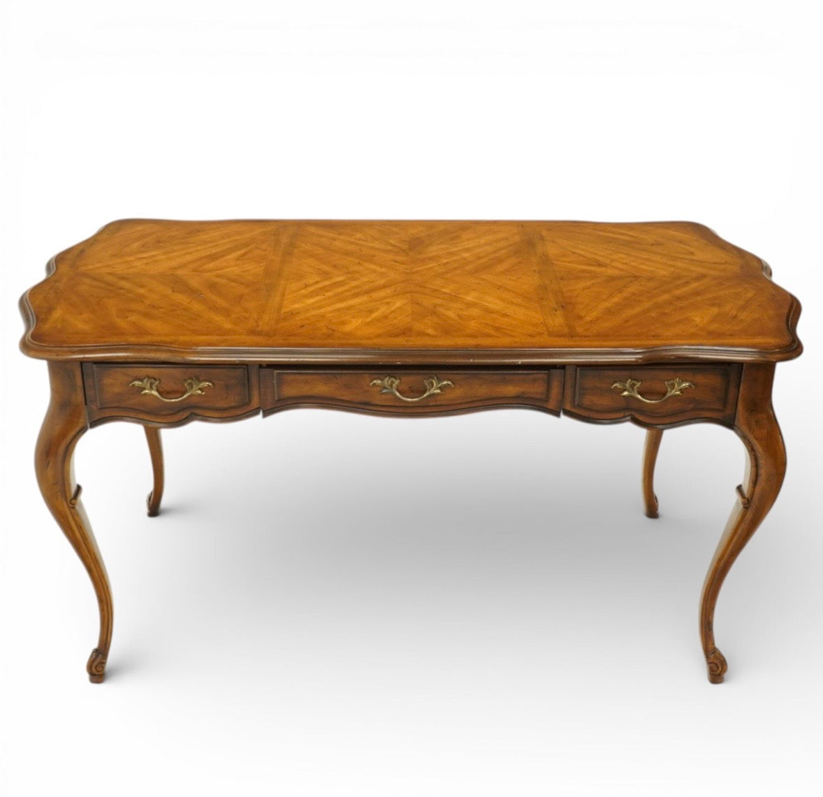 Vintage French walnut console table parquetry top & three drawers brass handles