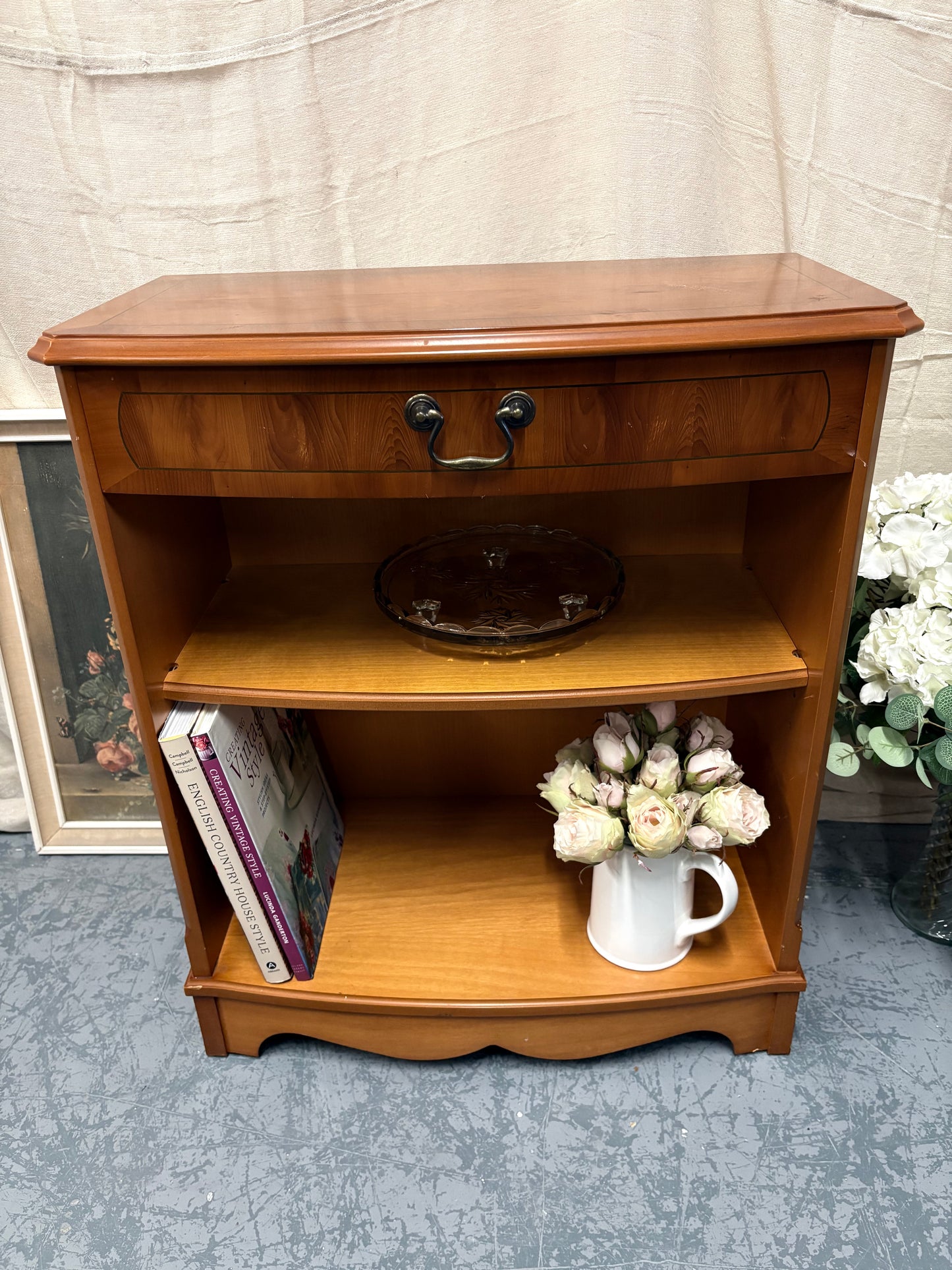 Small Bow Fronted Yew wood Vintage Side Cabinet Shelf Storage Unit