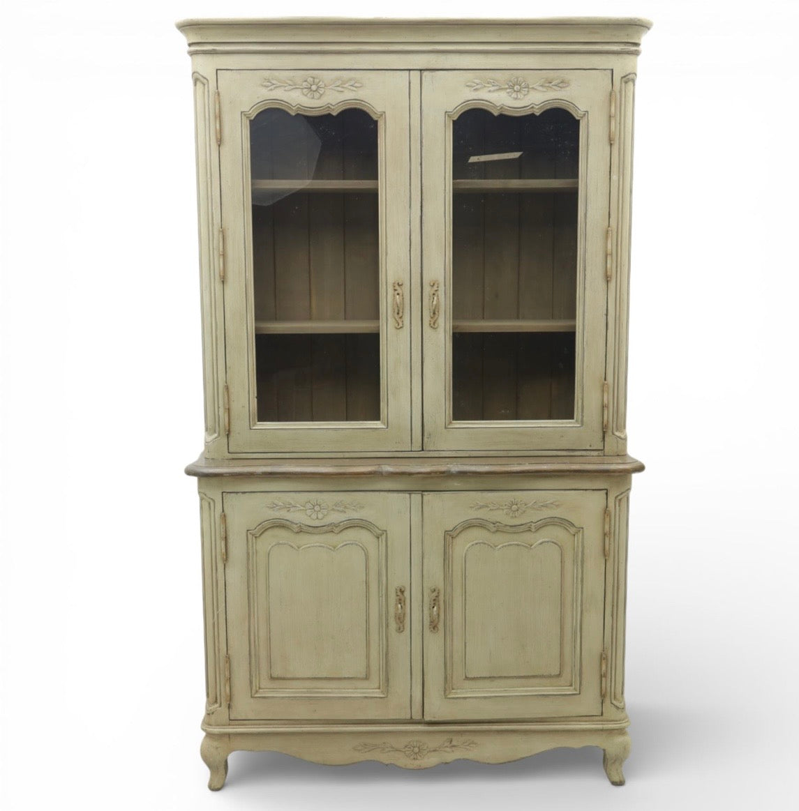Stunning Vintage French Painted Pine cabinet Glazed doors carving shelves cabriole legs