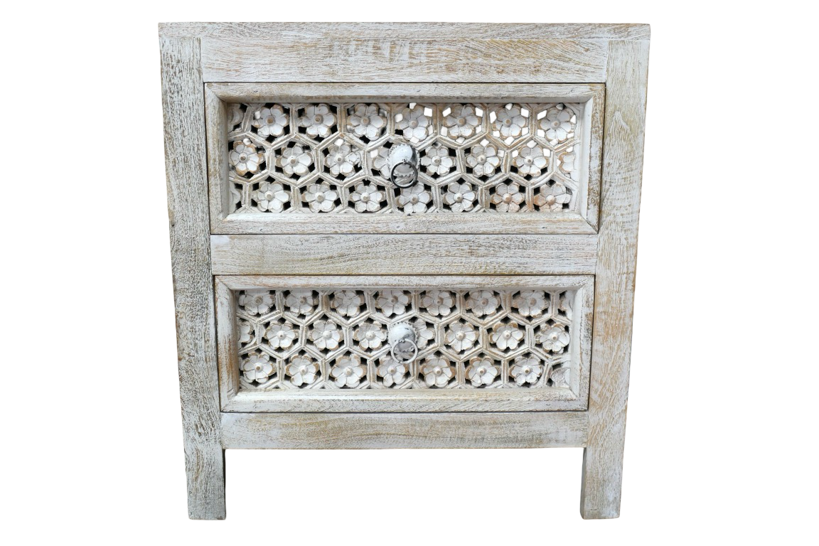 White Floral Carved Wooden Bedside Drawers Table storage