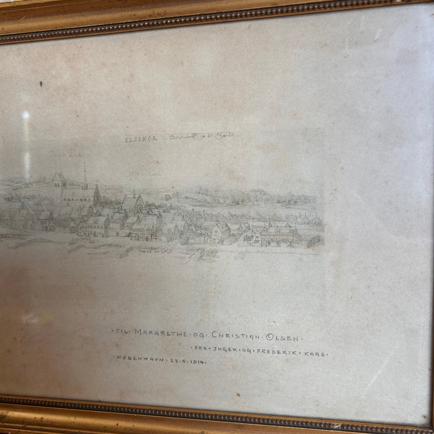 Antique pencil drawing 1914 - Danish city - Glazed and framed