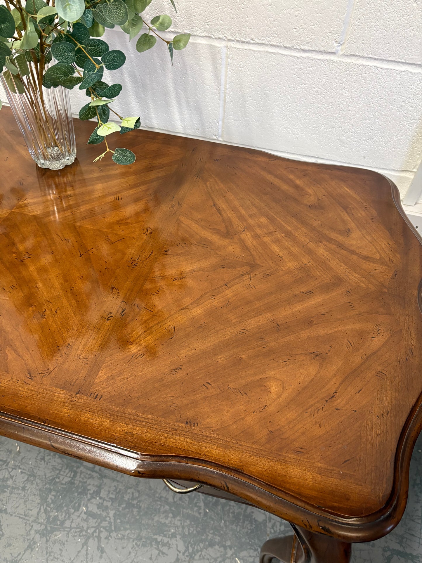 Vintage French walnut console table parquetry top & three drawers brass handles