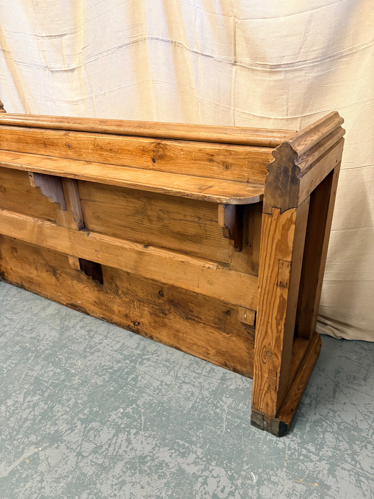 Antique Pitch Pine Bench Pew Panelled sides and Shelf to back