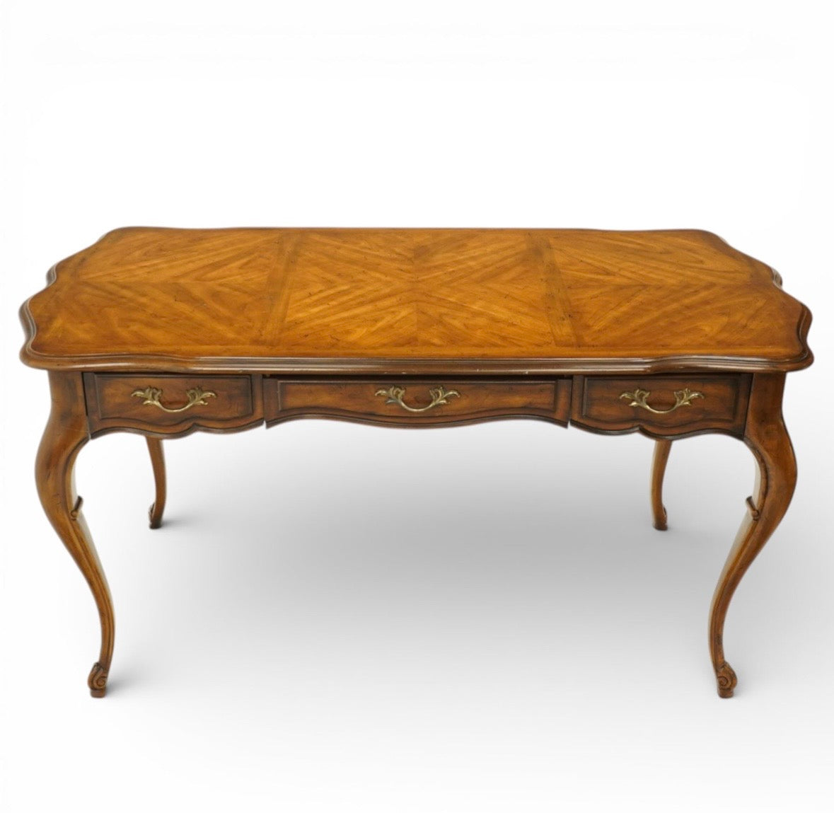 Vintage French walnut console table parquetry top & three drawers brass handles