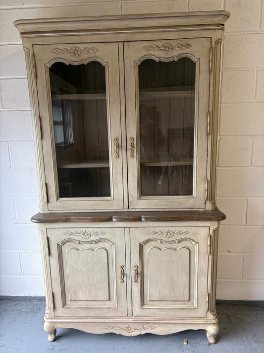 Stunning Vintage French Painted Pine cabinet Glazed doors carving shelves cabriole legs