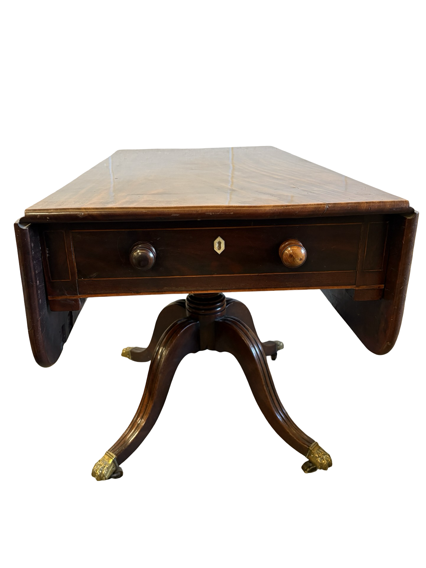 Regency Mahogany Sofa Table with fitted drawer on turned column Brass feet