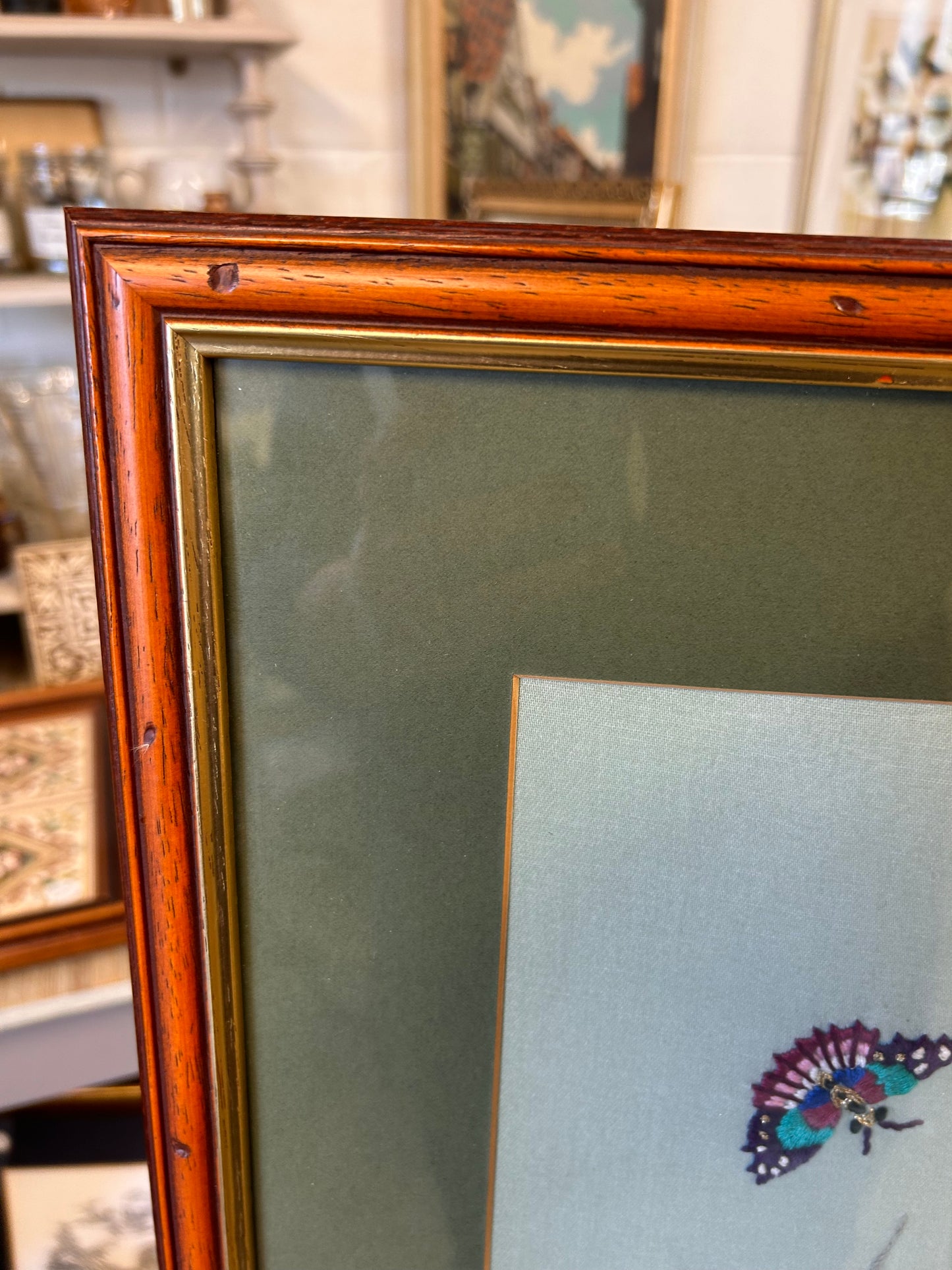 Framed mounted Vintage Oriental Silk Embroidery piece