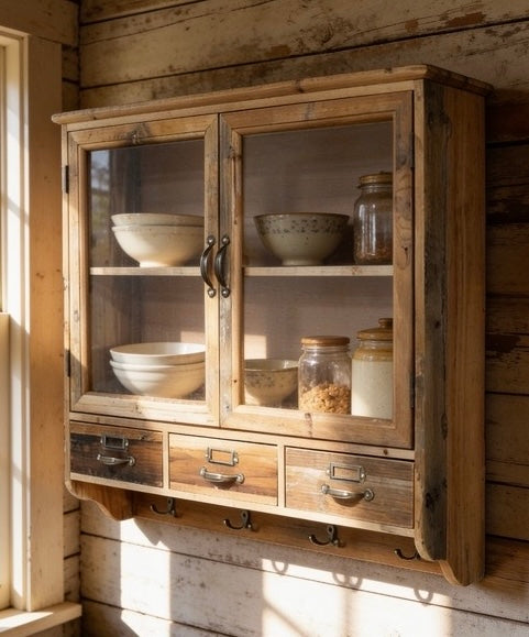 Modern Country Farmhouse Wood Wall Cupboard Drawers & Hooks