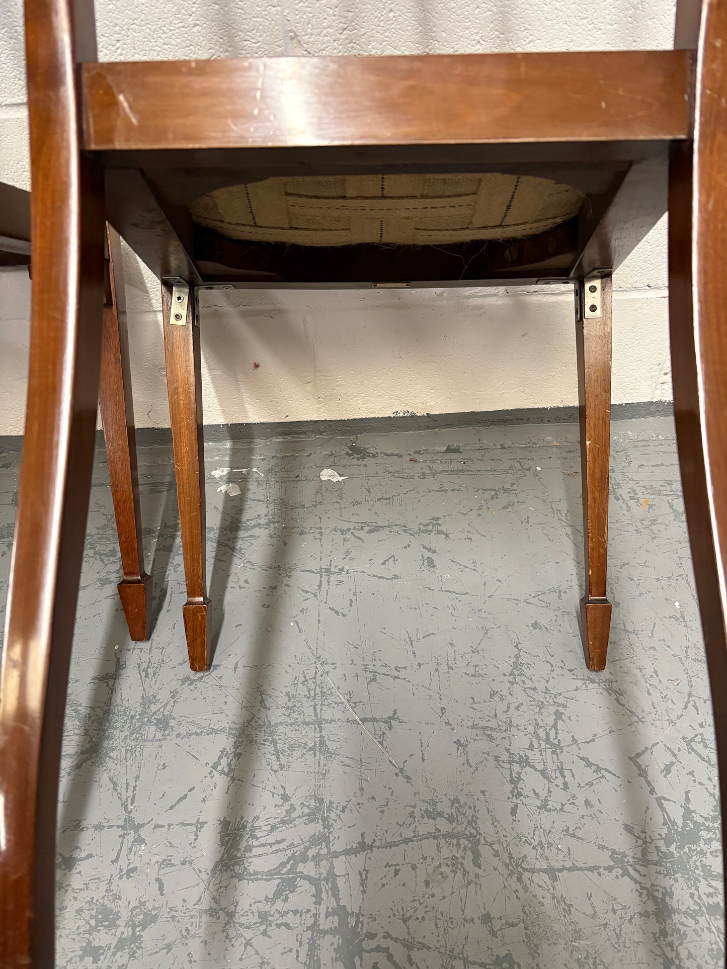 Two Beautiful inlaid mahogany bedroom / side chairs with marquetry panel, needlework seats
