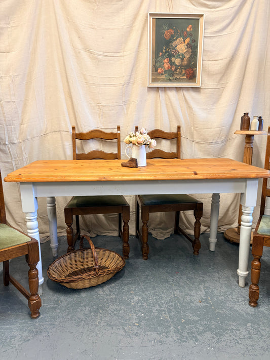 Vintage Victorian style part painted pine farmhouse kitchen dining table