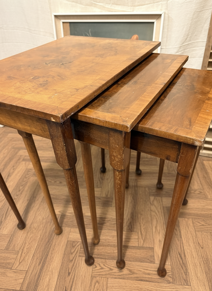 Nest of Antique Burr Walnut Coffee / lamp side / living room tables