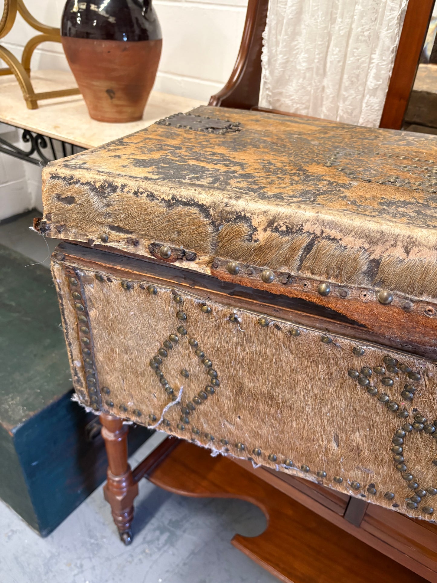 Rare Irish 19th Century Hide covered trunk Stud detail SB Initial