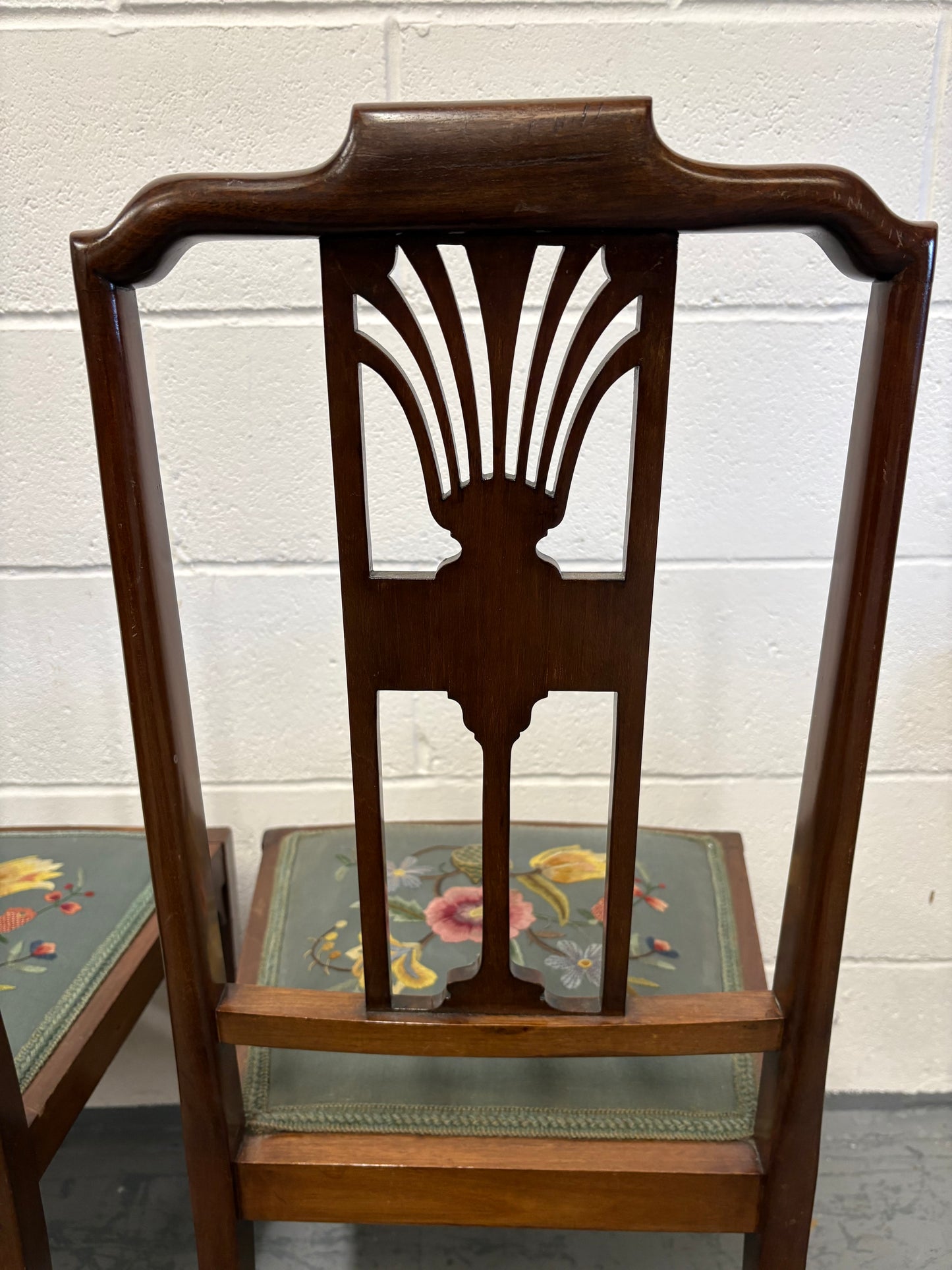 Two Beautiful inlaid mahogany bedroom / side chairs with marquetry panel, needlework seats