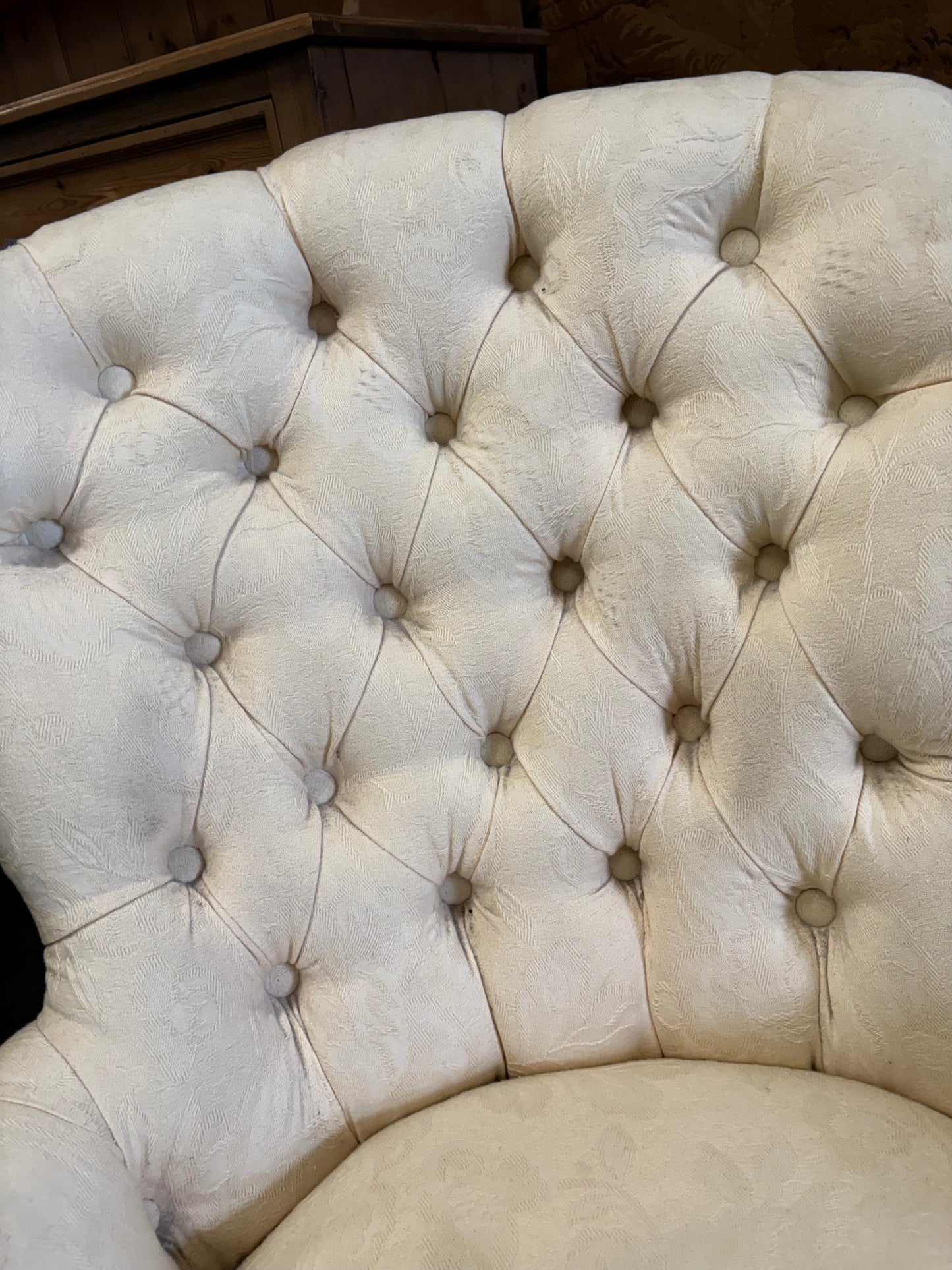 An Cream upholstered & carved Victorian mahogany Low Bedroom Chair