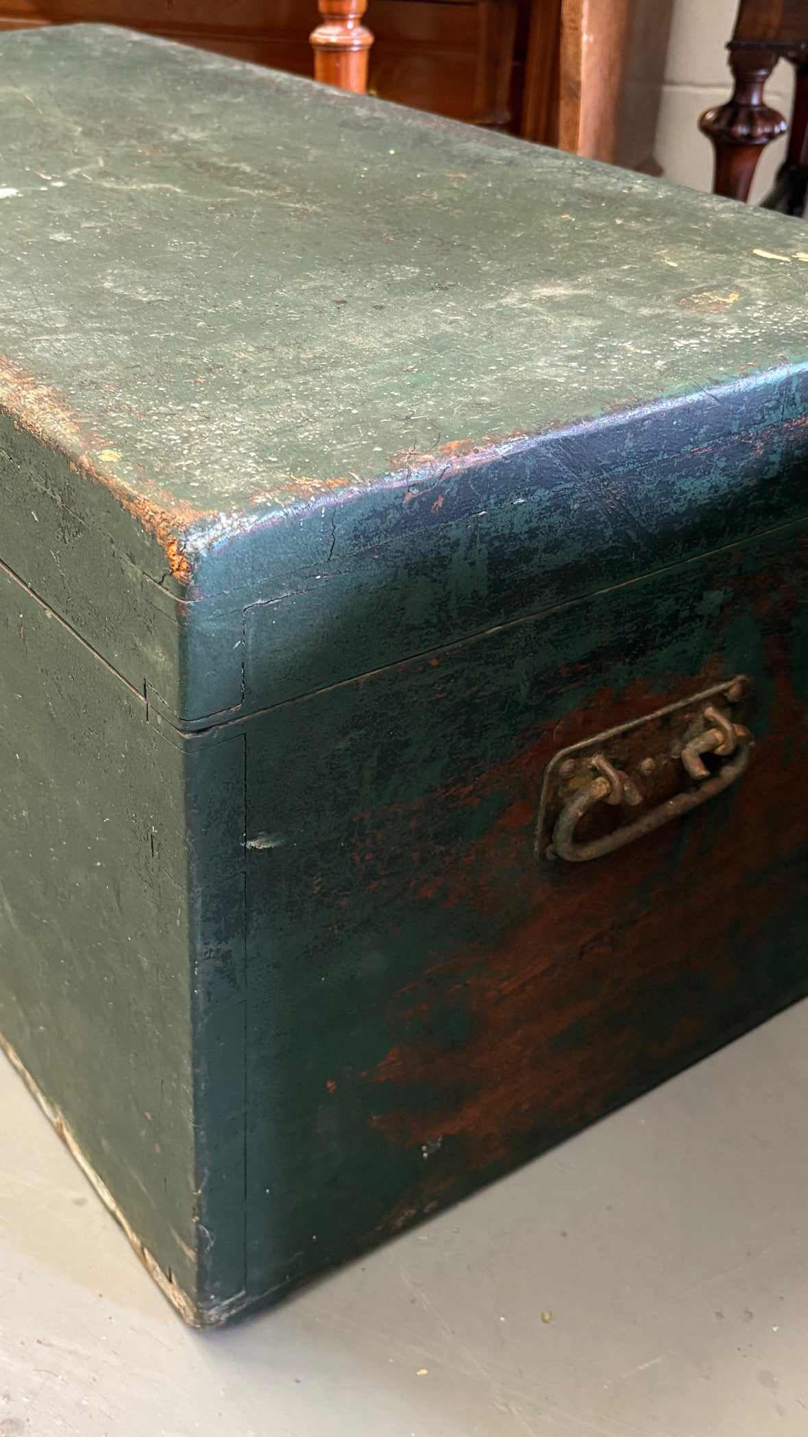 Green vintage wooden carpenters tool chest great coffee table and storage