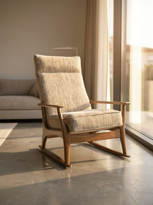 Teak mid-century rocking armchair beige upholstery good condition clean Retro Furniture ￼