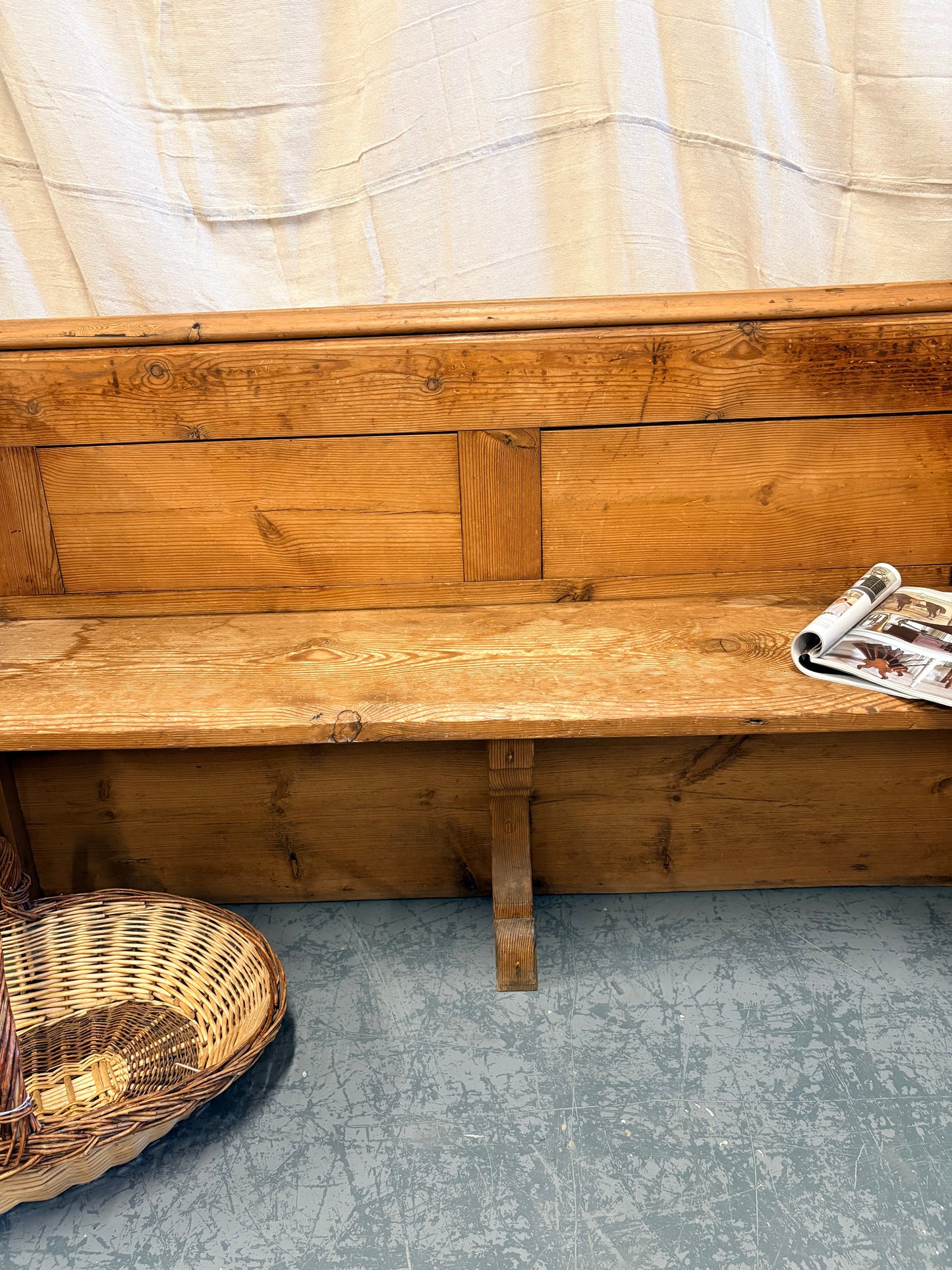 Antique Pitch Pine Bench Pew Panelled sides and Shelf to back