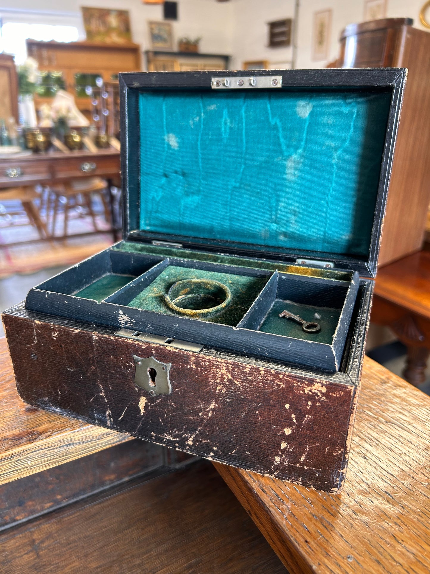 Beautifully faded and worn Victorian jewelry box lined in silk