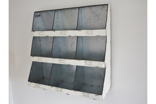 Sectioned metal white painted Industrial Storage wall unit
