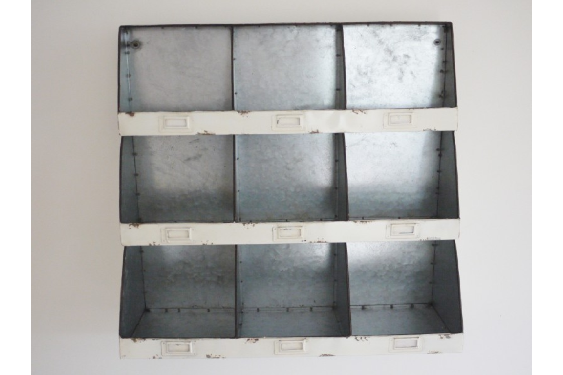 Sectioned metal white painted Industrial Storage wall unit