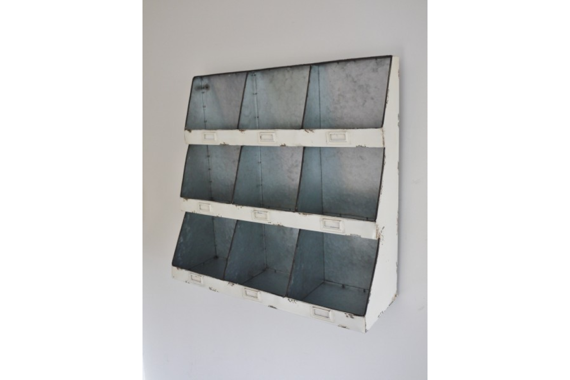 Sectioned metal white painted Industrial Storage wall unit