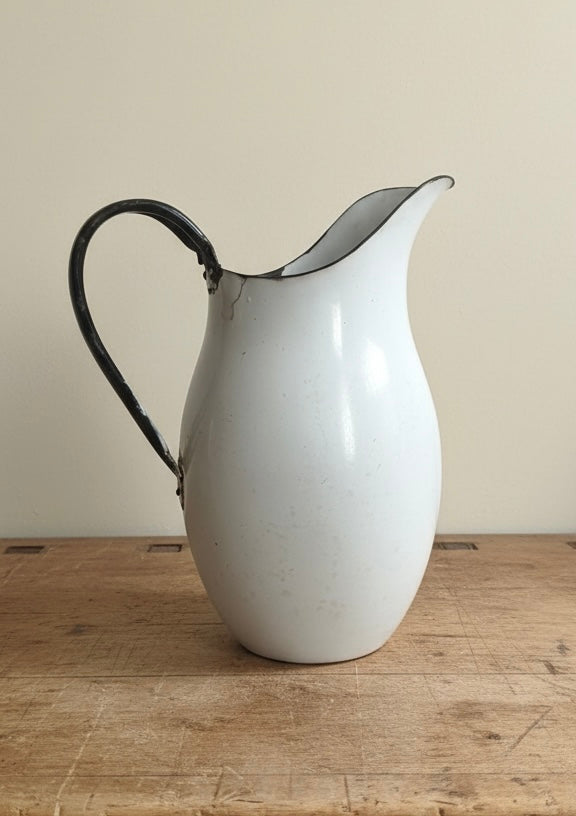 French White Enamel Pitcher water Jug - Vintage Kitchenalia