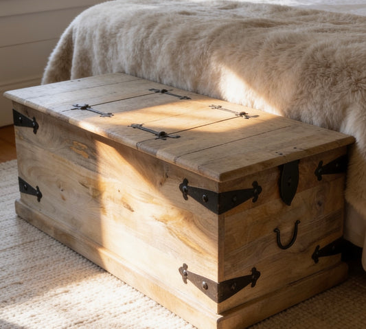 Large modern rustic farmhouse style iron and wood trunk coffee table.