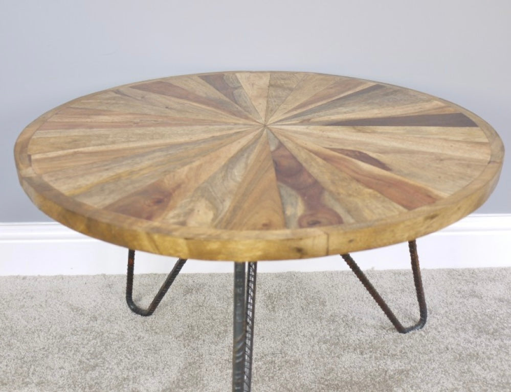 Circular Natural Rustic Wooden Acacia wood coffee table Hairpin legs with geometric design