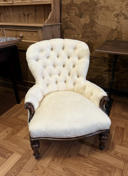 Cream upholstered & carved Victorian mahogany Low Bedroom Chair - Delivery