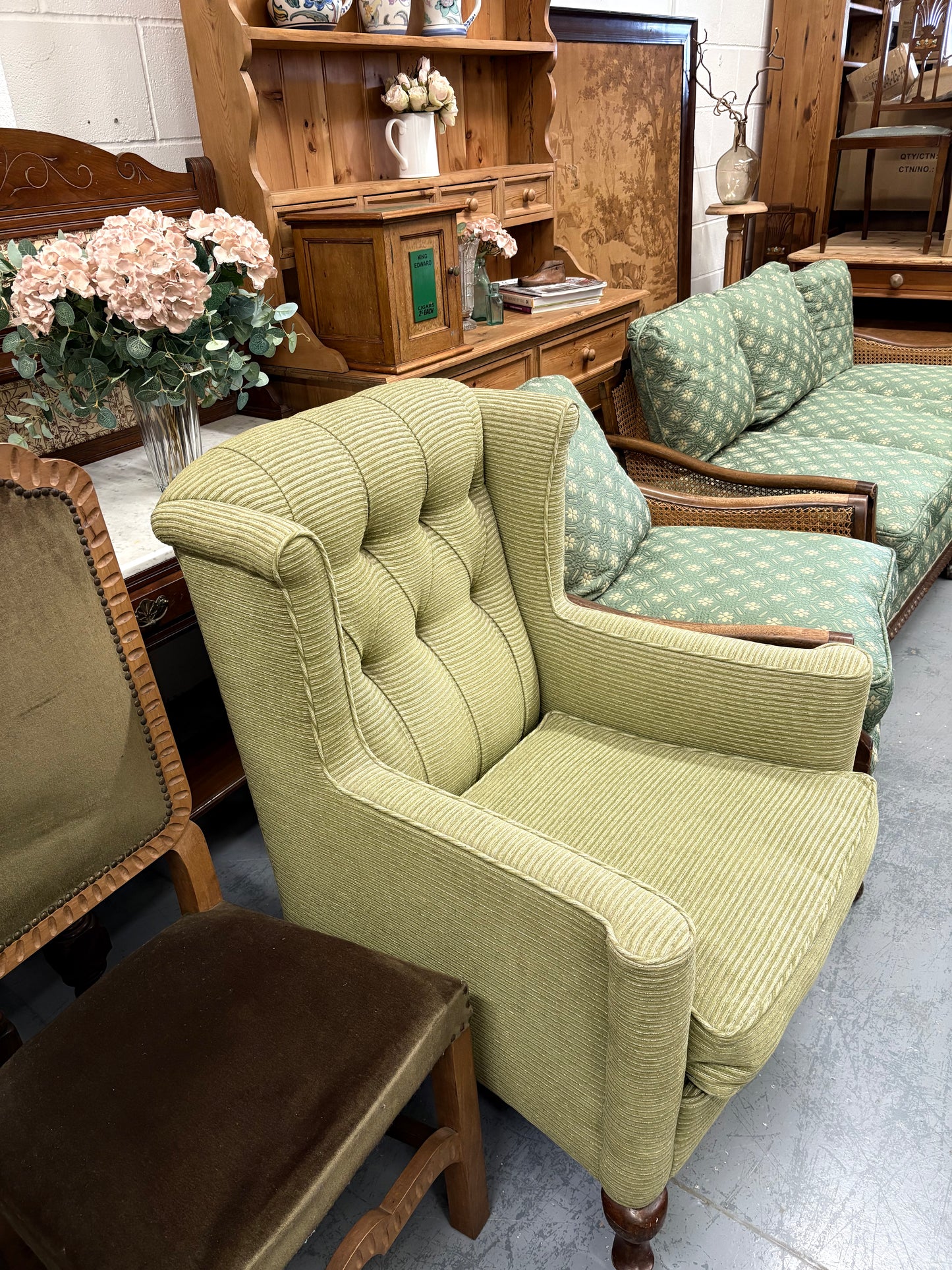 Antique Soft Green Wingback Upright Armchair on Castors & Cabriole legs UK Delivery