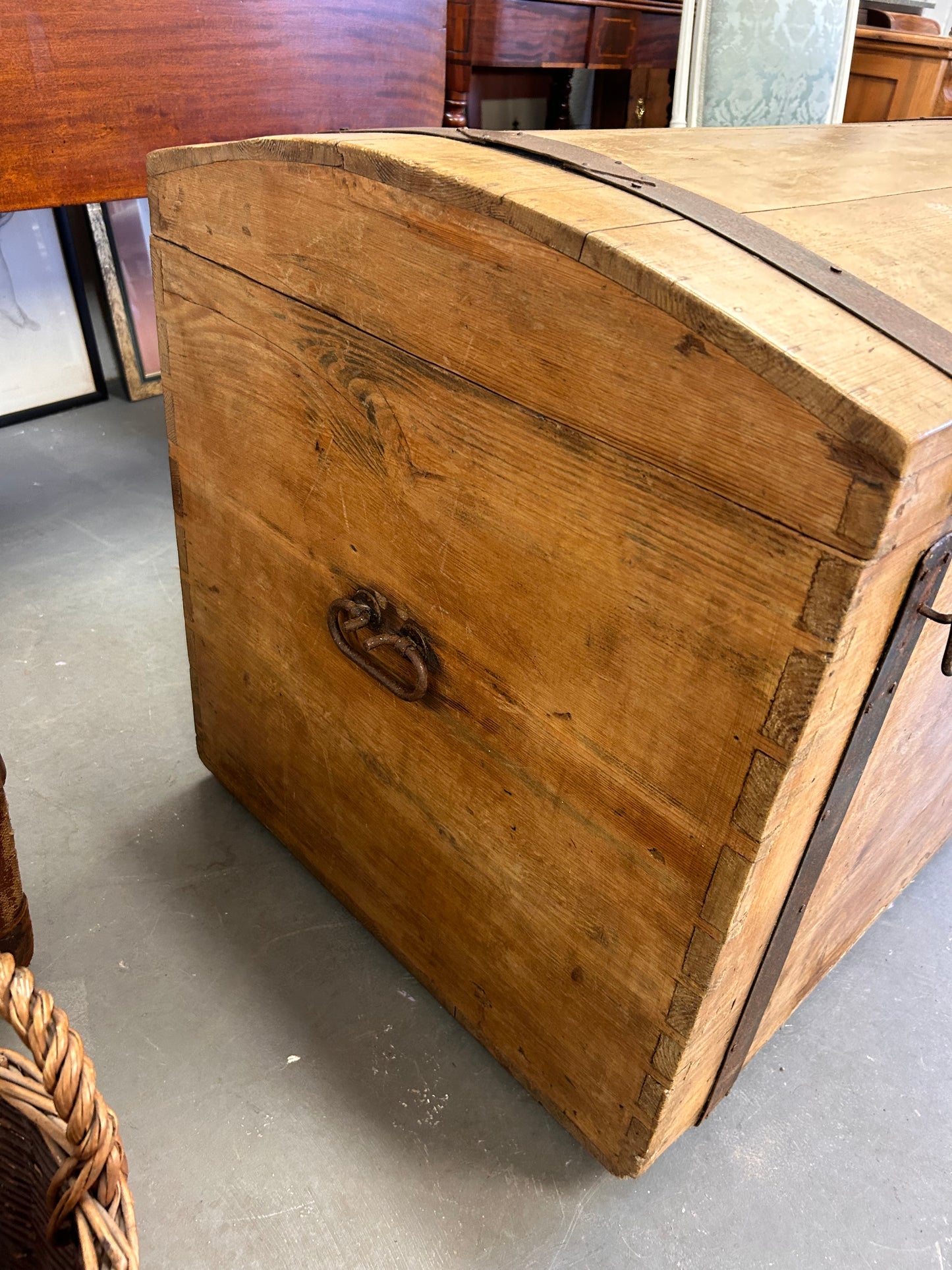 HUGE Late 19thC Pine and metal bound dome topped trunk